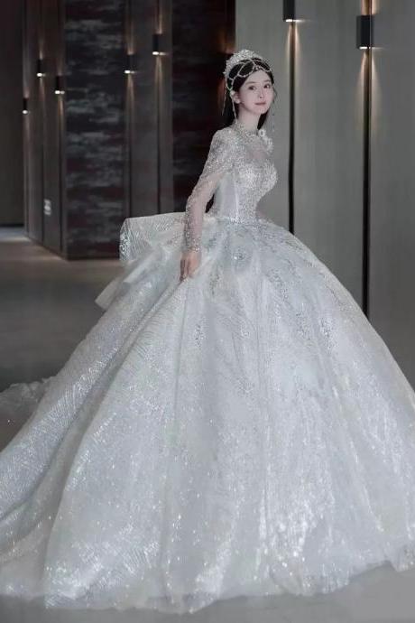 Elegant Long-sleeve Sequined Ball Gown Wedding Dress