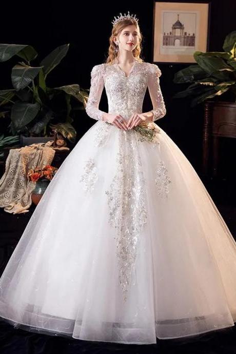 Elegant Long Sleeve V-neck Lace Bridal Gown