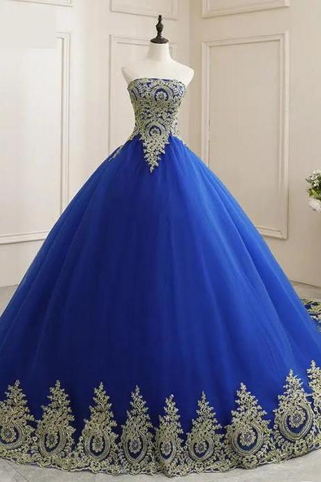 Royal Blue Embroidered Ball Gown With Gold Appliques