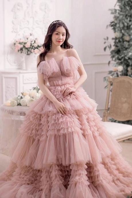 Elegant Off-shoulder Ruffled Tulle Pink Bridal Gown