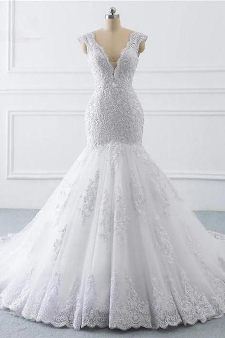 Elegant V-neck Lace Mermaid Wedding Bridal Gown