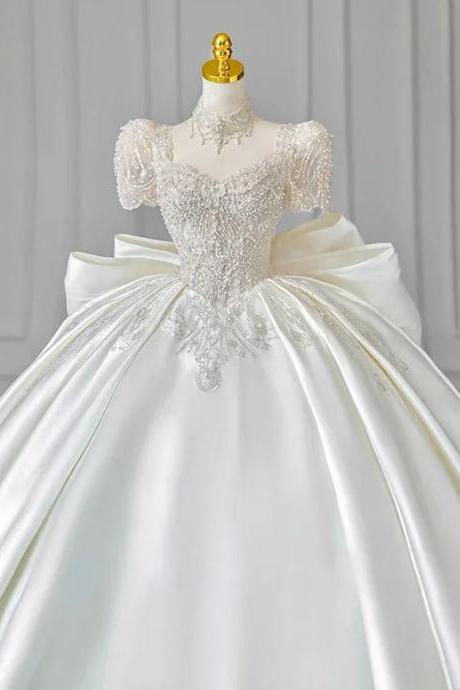Luxury Satin Ball Gown Wedding Dress With Beading