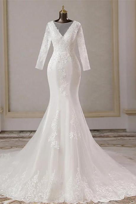 Elegant V-neck Lace Mermaid Bridal Gown With Sleeves