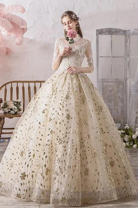 Elegant Floral Embroidered Ball Gown With Long Sleeves