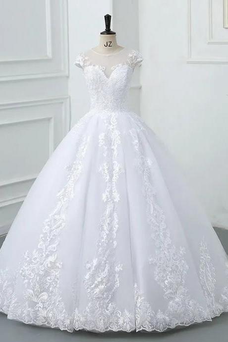 Elegant Cap Sleeve Lace Applique Bridal Ball Gown