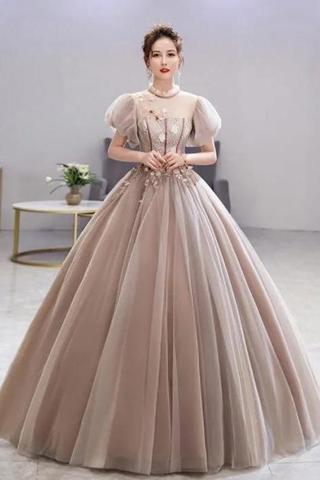 Elegant Tulle Puff Sleeve Embellished Bridal Ball Gown