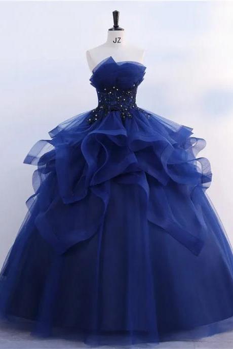 Elegant Navy Blue Layered Tulle Evening Ball Gown