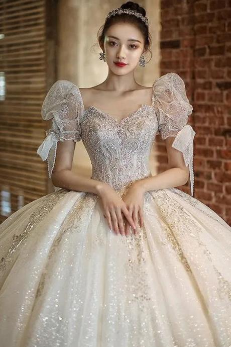 Elegant Off-shoulder Sequined Bridal Gown With Puff Sleeves
