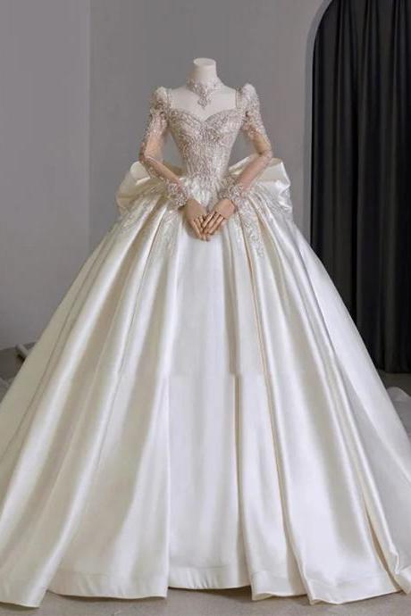 Elegant Satin Ball Gown Wedding Dress With Sleeves