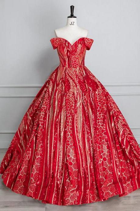 Luxury Off-shoulder Red Sequined Ball Gown Dress