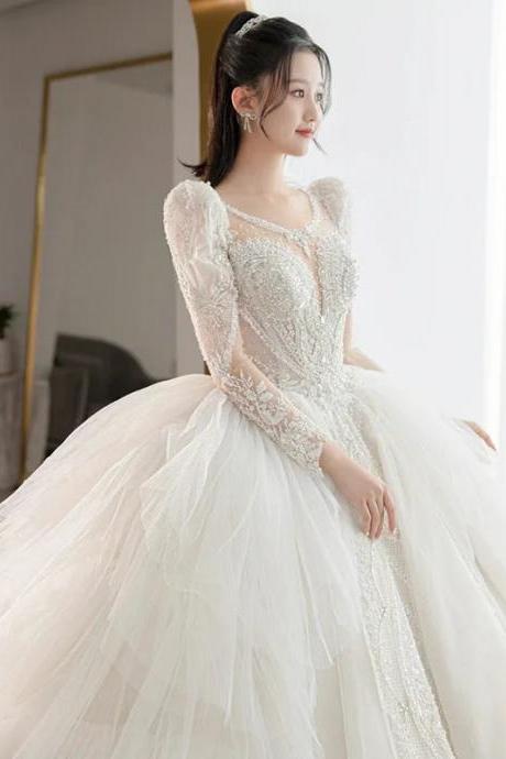 Elegant Long Sleeve Beaded Tulle Bridal Wedding Gown