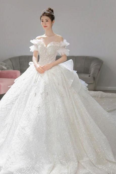 Elegant Off-shoulder Bridal Gown With Glittering Sequins