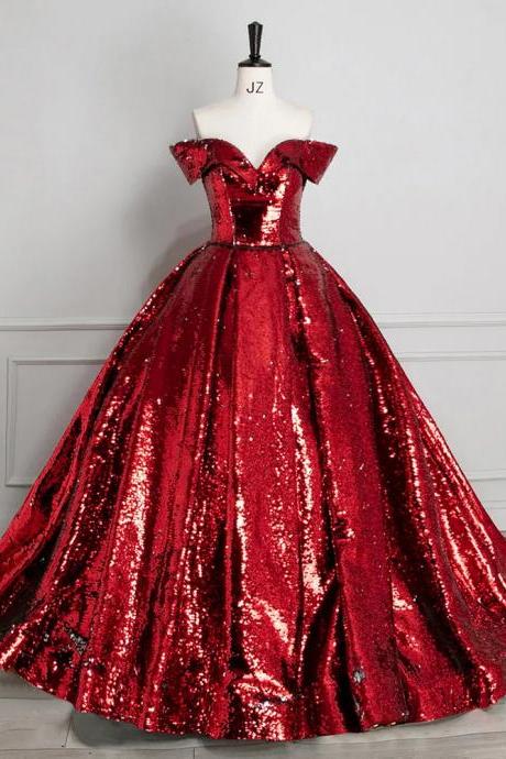 Elegant Off-shoulder Red Sequin Ball Gown Dress