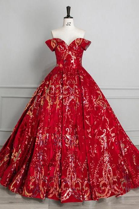 Elegant Off-shoulder Red Sequin Embroidered Ball Gown