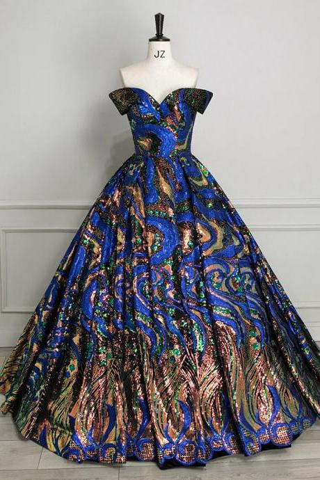 Luxurious Off-shoulder Sequin Peacock Pattern Ball Gown