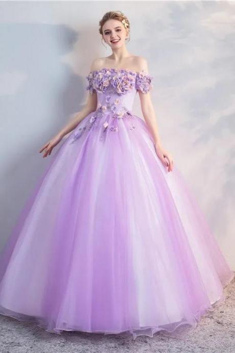 Elegant Off-Shoulder Purple Tulle Ball Gown with Flowers