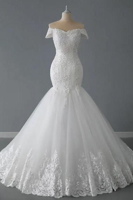 Elegant Off-shoulder Mermaid Lace Bridal Wedding Gown