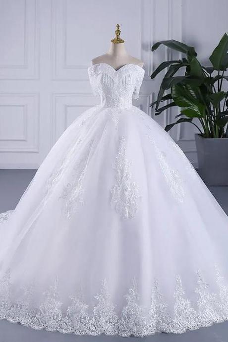 Luxury Tassel Long Train Wedding Gowns Sleeveless Lace Off The Shoulder Sweep Brush Train Lace Up Ball Gown Wedding Dresses