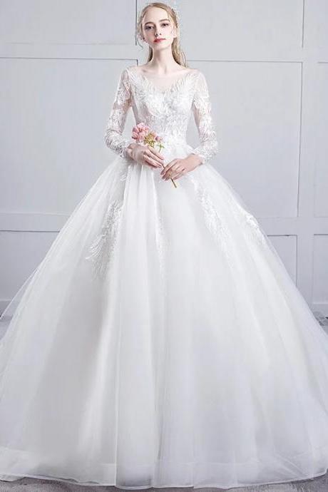 Elegant Long Sleeve Lace Bridal Gown With Train