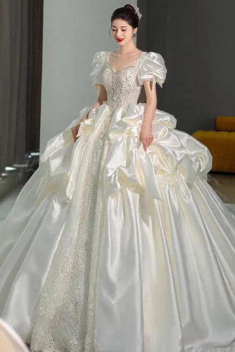 Elegant Satin Puff Sleeve Bridal Ball Gown Wedding