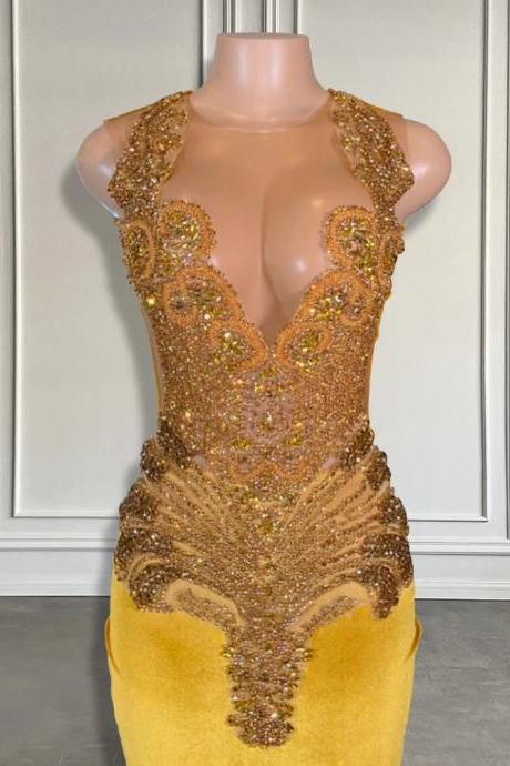 Luxurious Golden Sequined Evening Gown With Plunging Neckline