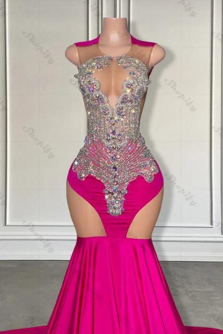 Luxurious Rhinestone Embellished Pink Mermaid Evening Gown