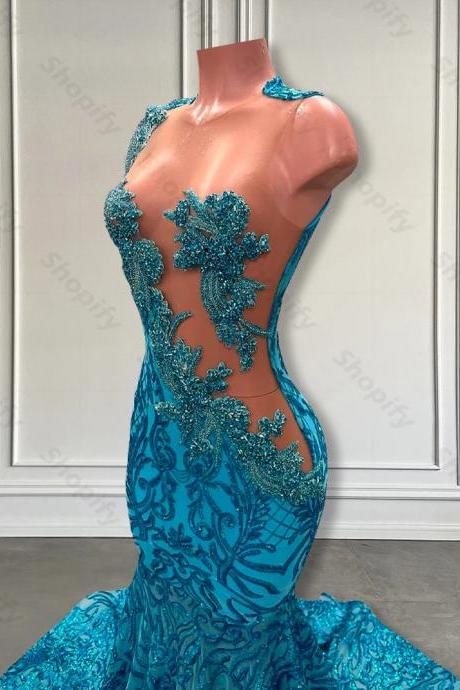 Elegant Turquoise Sequined Mermaid Prom Dress Gown