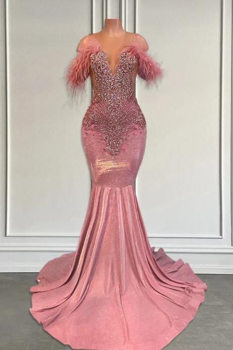Elegant Pink Feather Sleeve Sequin Mermaid Evening Gown