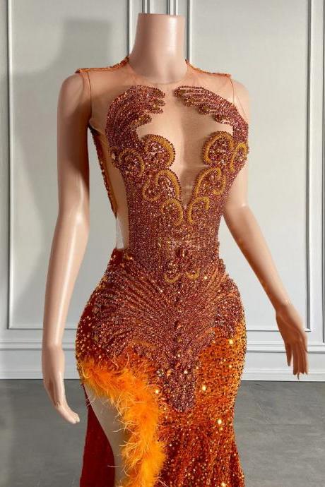 Luxury Beaded Orange Feather Mermaid Evening Gown