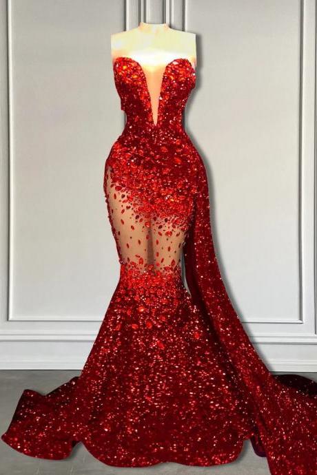 Luxurious Red Sequin Mermaid Gown With Sheer Panels