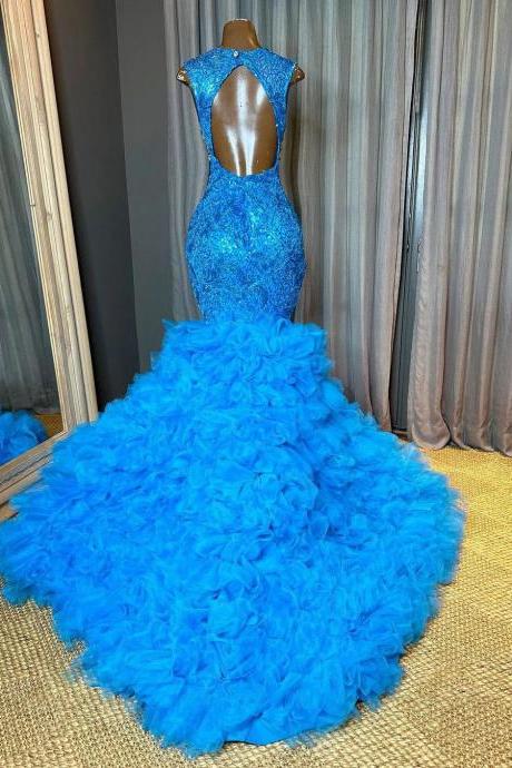 Luxurious Blue Sequin Mermaid Gown With Ruffled Train