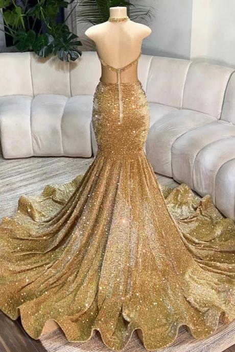 Elegant Gold Sequin Mermaid Gown With Train