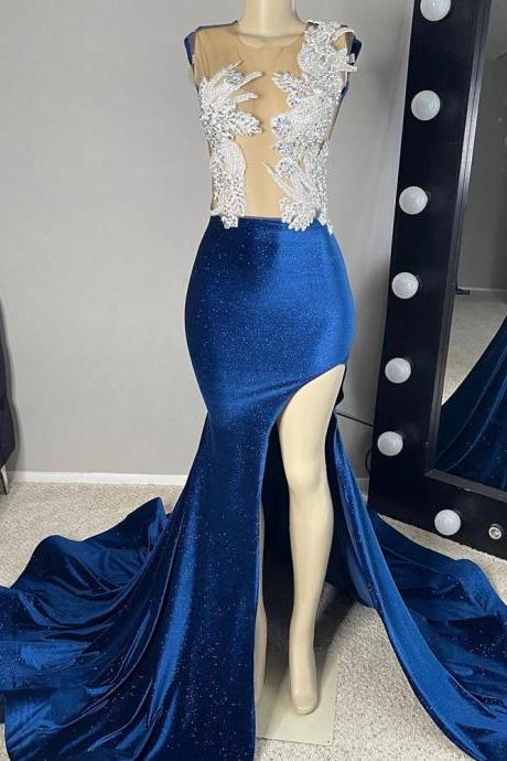 Elegant Navy Blue Sequined Mermaid Evening Gown With Train