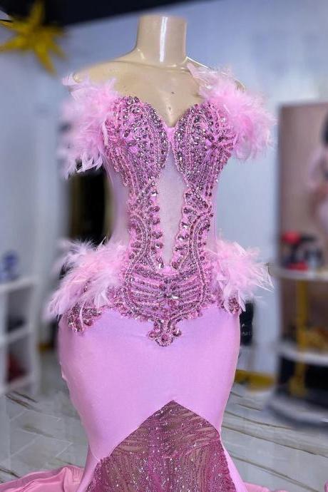 Luxury Pink Feathered Mermaid Gown With Crystal Embellishments