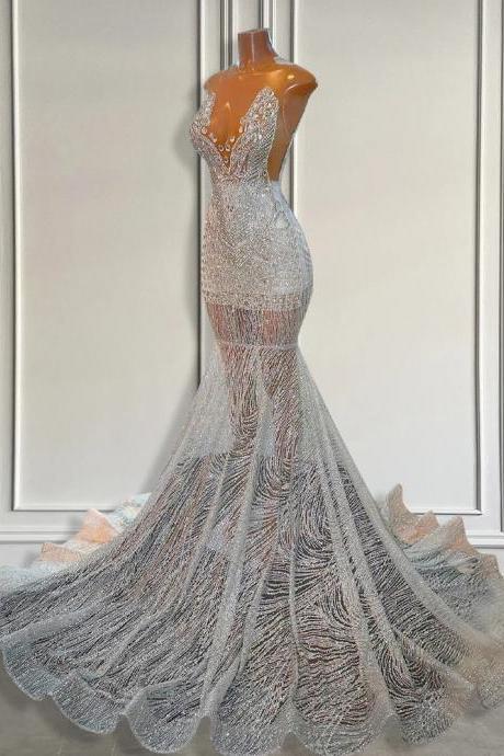 Luxury Silver Sequin Mermaid Prom Evening Gown