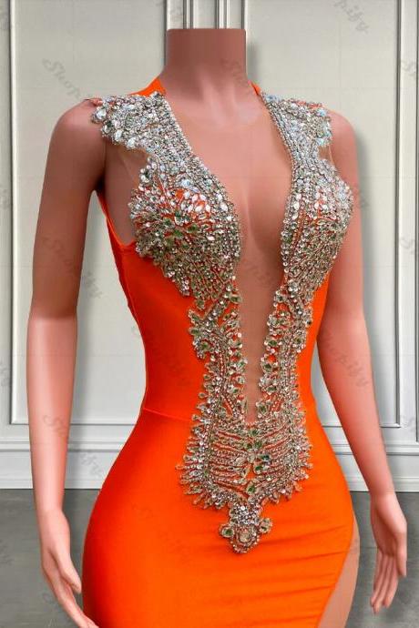 Elegant Orange Sleeveless Gown With Crystal Embellishments