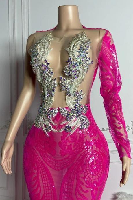 Elegant Long-sleeve Pink Sequin Embellished Bodysuit