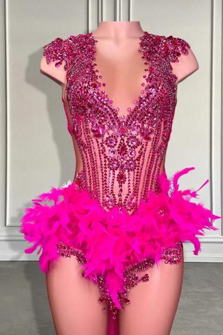 Womens Hot Pink Feathered Rhinestone Embellished Bodysuit