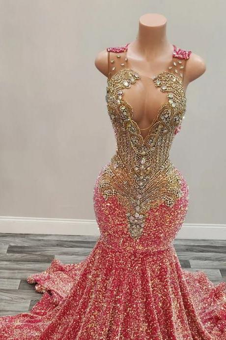Luxury Gold Applique Beaded Mermaid Evening Gown Dress