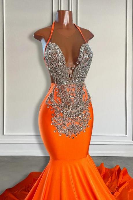 Elegant Orange Mermaid Gown With Beaded Bodice Detail