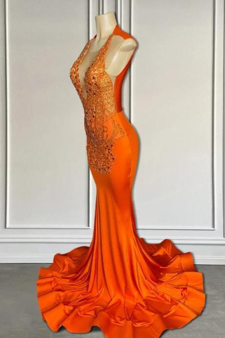 Elegant Orange Mermaid Gown With Beaded Embellishments