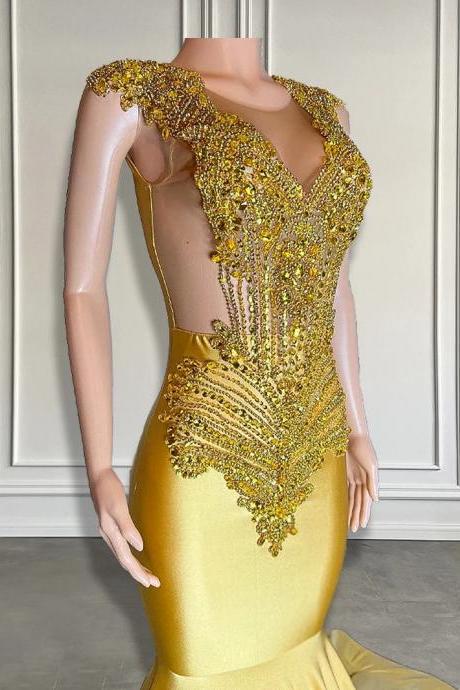 Luxury Gold Sequin Embellished Evening Gown With Sleeves