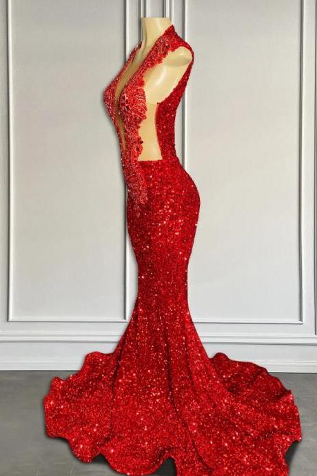 Elegant Red Sequin Mermaid Evening Gown With Train