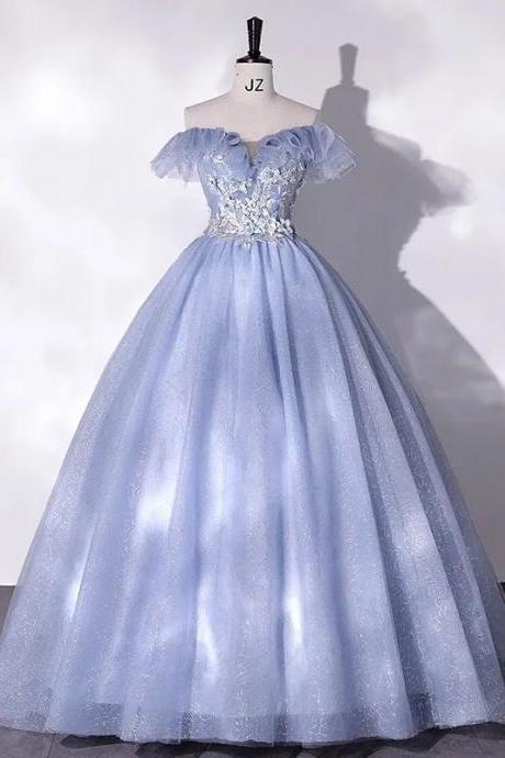 Elegant Off-the-shoulder Blue Sequined Ball Gown Dress