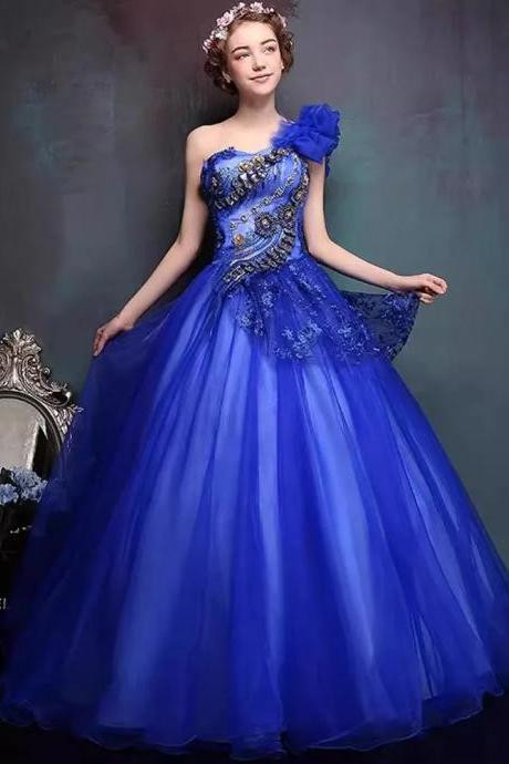 Elegant Royal Blue One-shoulder Prom Gown With Appliques