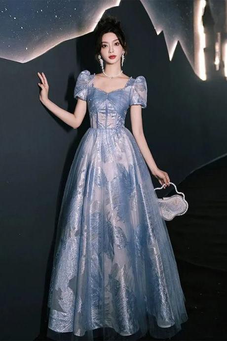 Elegant Puff Sleeve Tulle Evening Gown In Blue