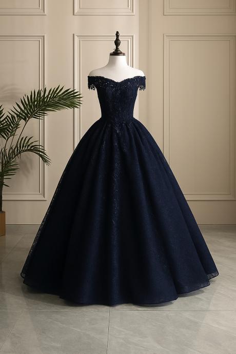 Elegant Navy Blue Off-Shoulder Lace Ball Gown