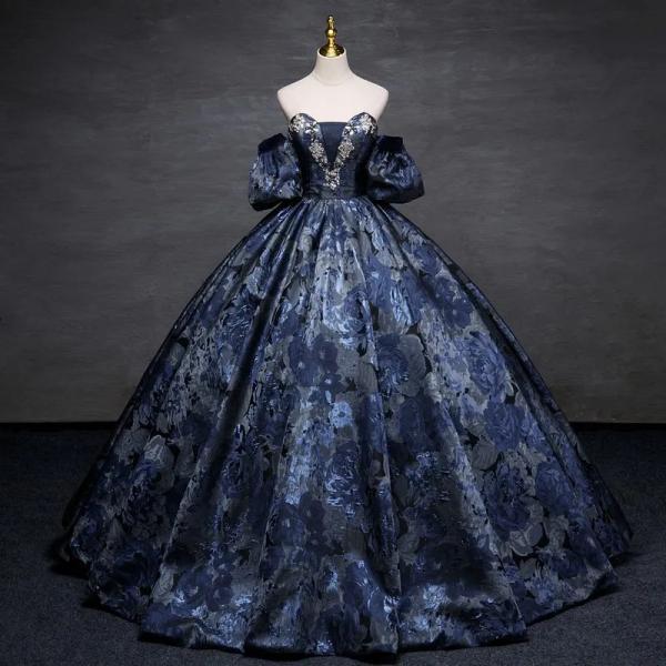 Elegant Off-Shoulder Floral Ball Gown with Puffed Sleeves