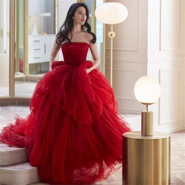 Elegant Strapless Red Tulle Ball Gown Evening Dress