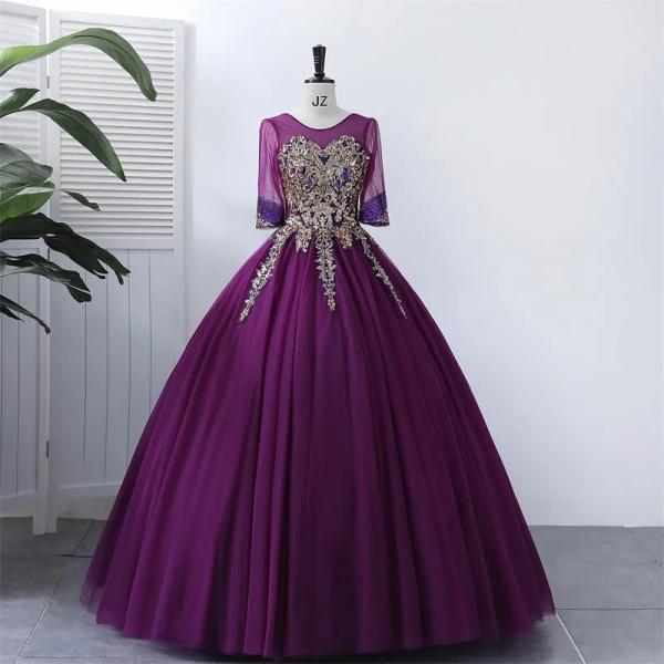 Elegant Purple Ball Gown with Gold Embroidery Applique